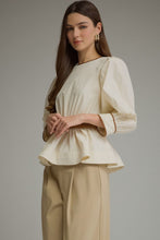Load image into Gallery viewer, NEWEST ARRIVAL Ecru Cream Brown Belted Peplum Blouse
