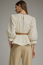 Load image into Gallery viewer, NEWEST ARRIVAL Ecru Cream Brown Belted Peplum Blouse
