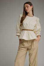 Load image into Gallery viewer, NEWEST ARRIVAL Ecru Cream Brown Belted Peplum Blouse
