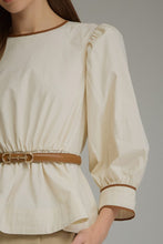 Load image into Gallery viewer, NEWEST ARRIVAL Ecru Cream Brown Belted Peplum Blouse
