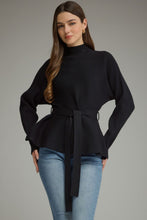 Load image into Gallery viewer, NEWEST ARRIVAL Black Mock Waist Tie Peplum Knit Sweater
