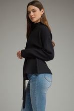 Load image into Gallery viewer, NEWEST ARRIVAL Black Mock Waist Tie Peplum Knit Sweater
