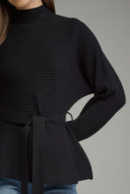 Load image into Gallery viewer, NEWEST ARRIVAL Black Mock Waist Tie Peplum Knit Sweater
