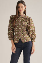 Load image into Gallery viewer, NEWEST ARRIVAL Olive Green/Mauve Bow Tie Mock Neck Blouse
