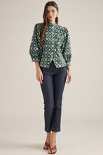 Load image into Gallery viewer, NEWEST ARRIVAL Blue/Green Side Bow Tie Mock Neck Blouse
