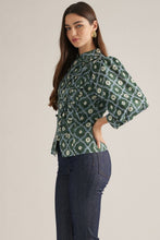 Load image into Gallery viewer, NEWEST ARRIVAL Blue/Green Side Bow Tie Mock Neck Blouse
