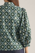 Load image into Gallery viewer, NEWEST ARRIVAL Blue/Green Side Bow Tie Mock Neck Blouse
