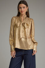 Load image into Gallery viewer, NEWEST ARRIVAL Gold Shimmer Front Bow Tie Blouse
