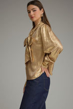 Load image into Gallery viewer, NEWEST ARRIVAL Gold Shimmer Front Bow Tie Blouse
