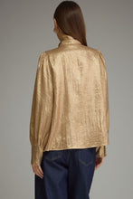 Load image into Gallery viewer, NEWEST ARRIVAL Gold Shimmer Front Bow Tie Blouse
