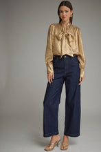 Load image into Gallery viewer, NEWEST ARRIVAL Gold Shimmer Front Bow Tie Blouse
