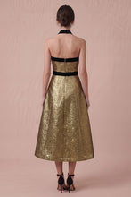 Load image into Gallery viewer, NEWEST ARRIVAL Gold/Black Jacquard Front Bow Midi Dress

