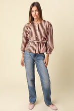 Load image into Gallery viewer, NEWEST ARRIVAL Brown/Pink Striped Peplum Belted Blouse
