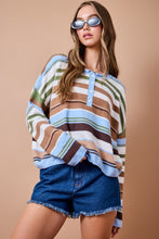 Load image into Gallery viewer, NEWEST ARRIVAL Blue/Brown/Olive Green Striped Henley Knit Long Sleeve Top

