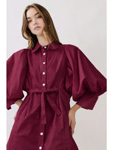 Load image into Gallery viewer, NEWEST ARRIVAL Burgundy Extra Puff Sleeve Button Front Dress
