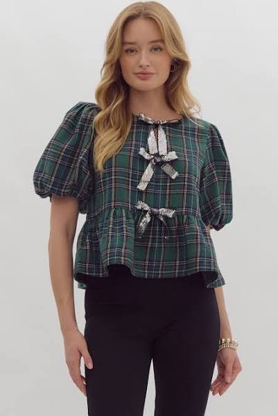 Green or Red Plaid Silver Bow Blouse