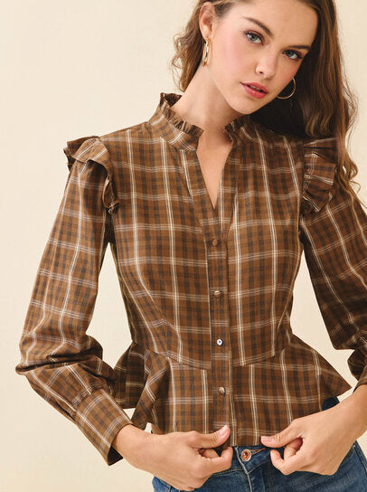 NEWEST ARRIVAL Brown Plaid Ruffle Blouse