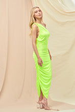 Load image into Gallery viewer, LAST ONE LARGE Neon Lime Asymmetrical One Shoulder Midi Dress
