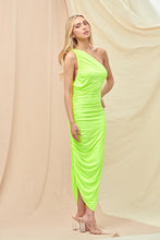 Load image into Gallery viewer, LAST ONE LARGE Neon Lime Asymmetrical One Shoulder Midi Dress
