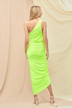 Load image into Gallery viewer, LAST ONE LARGE Neon Lime Asymmetrical One Shoulder Midi Dress
