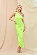 Load image into Gallery viewer, LAST ONE LARGE Neon Lime Asymmetrical One Shoulder Midi Dress

